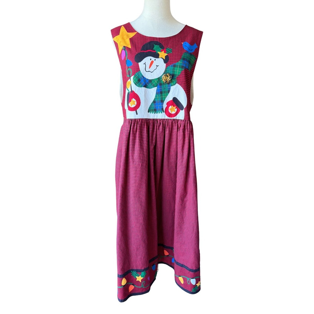 Handmade Christmas Snowman Gingham Jumper Dress Red Black Flannel Lined L READ